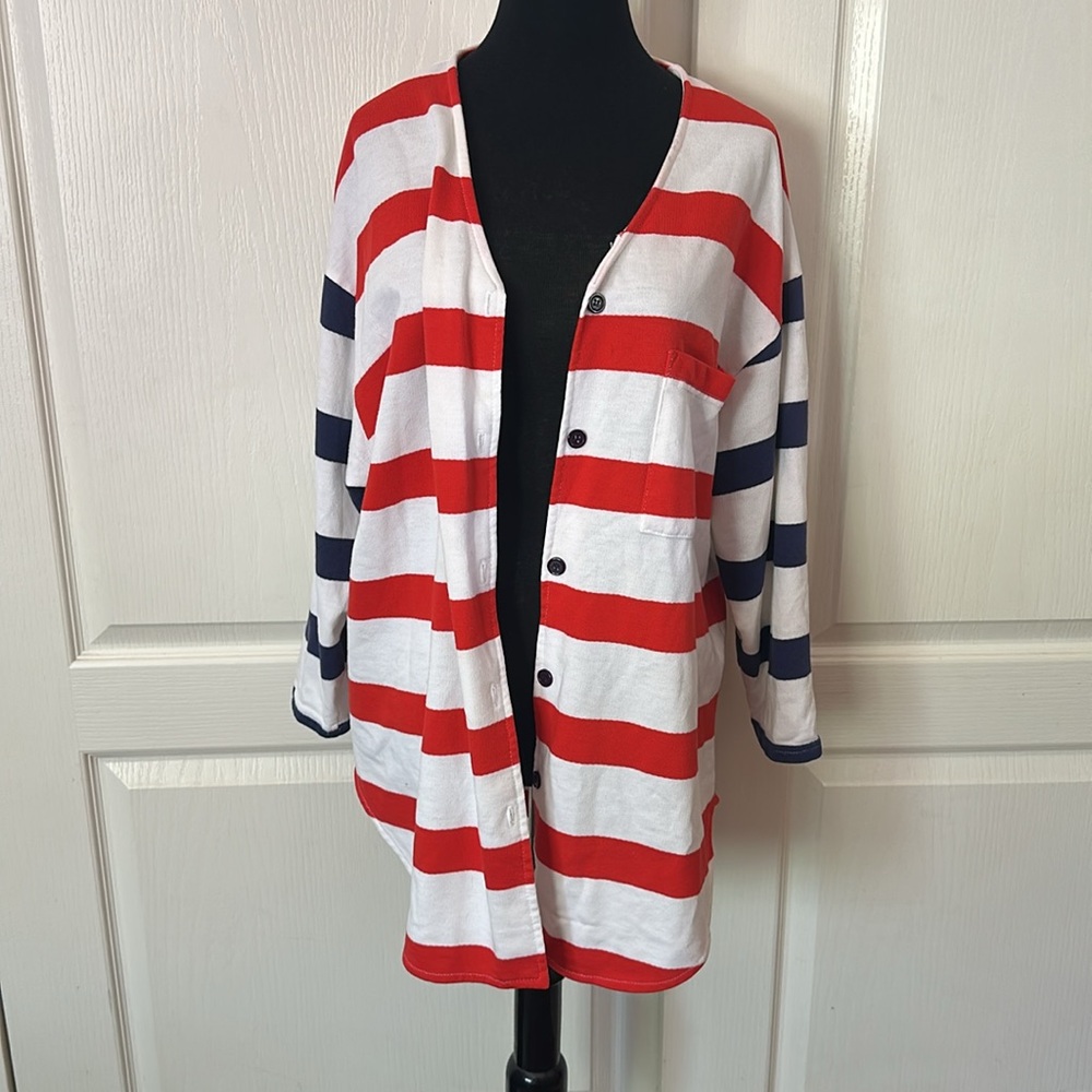 VTG RED WHITE BLUE STRIPE BUTTON FRONT CARDIGAN PATRIOTIC AMERICAN - Picture 2 of 7